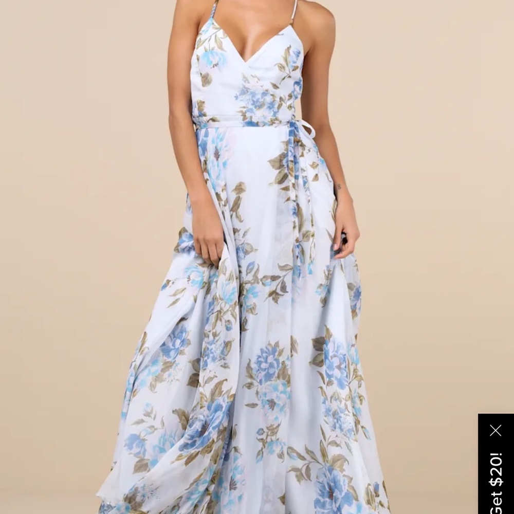 Oh-So Romantic Pale Blue Floral Print Sleeveless Wrap Maxi Dress